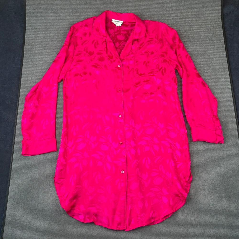 Cadaz Hot Pink Silk Floral Jacquard Sleep Shirt Nightgown Pajamas Womens M